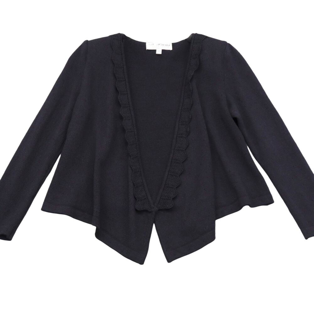 St. John Santana Pointelle Knit Open Cardigan 2 Long Sleeve Cropped Lace Trim